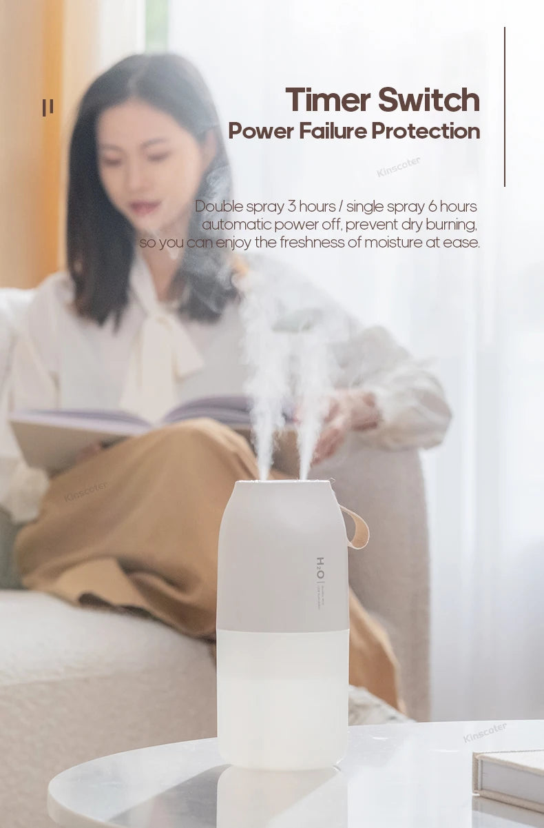 KINSCOTER Portable Double Mist Air Humidifier – 300ml Cold Mist Diffuser, 2000mAh Car Air Purifier & USB Mini Air Freshener