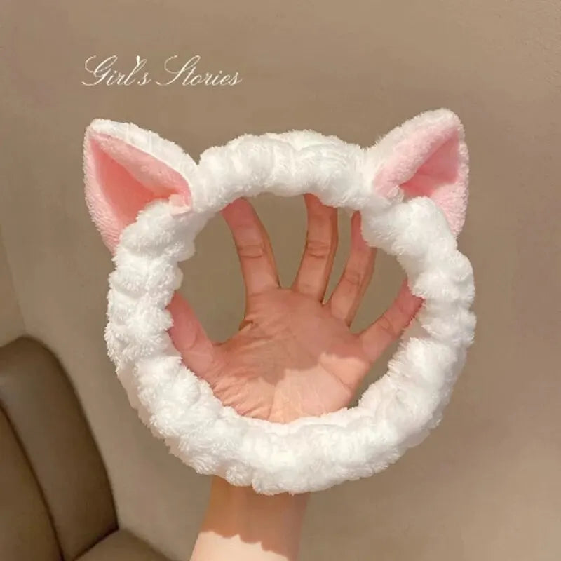 Cat Coral Plush Headband - Soft Cute Hair Bow Band for Face Washing, Makeup and Girls
