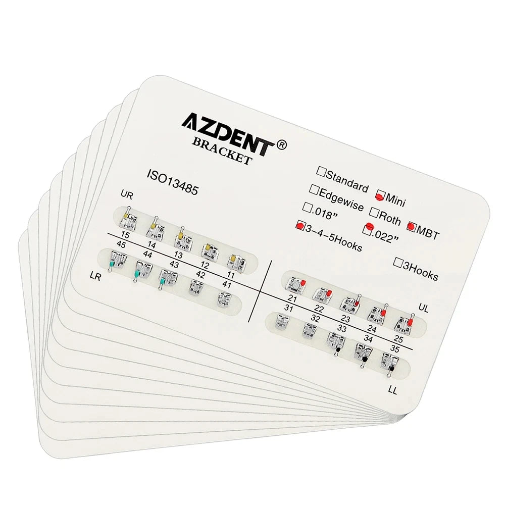 AZDENT 10 Packs Dental Brackets – Orthodontic Metal Mini Standard Roth MBT Slot 0.022/0.018 with Hooks, 20 Pcs per Pack