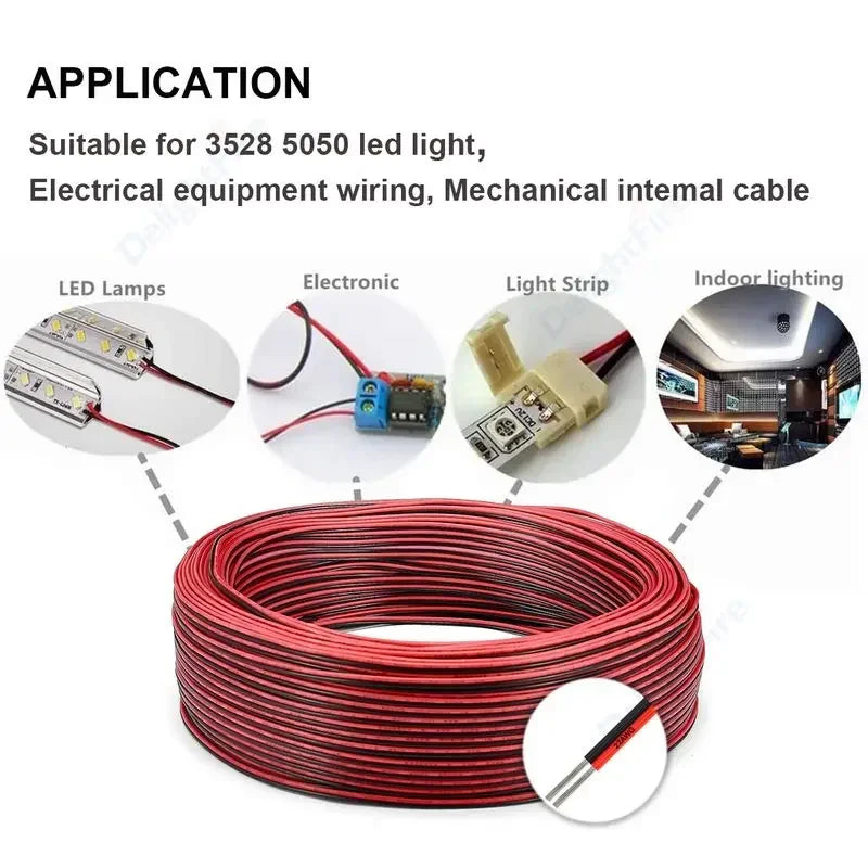 12V Red & Black Hookup Wire – 2-Pin Automotive Flat Cable for LED Extension, Doorbell, Lighting, & Speakers