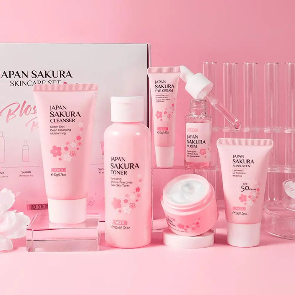 6PCS Sakura Skincare Set – Face Cream, Serum, Toner, Cleanser, Sunscreen & Eye Cream in Gift Box