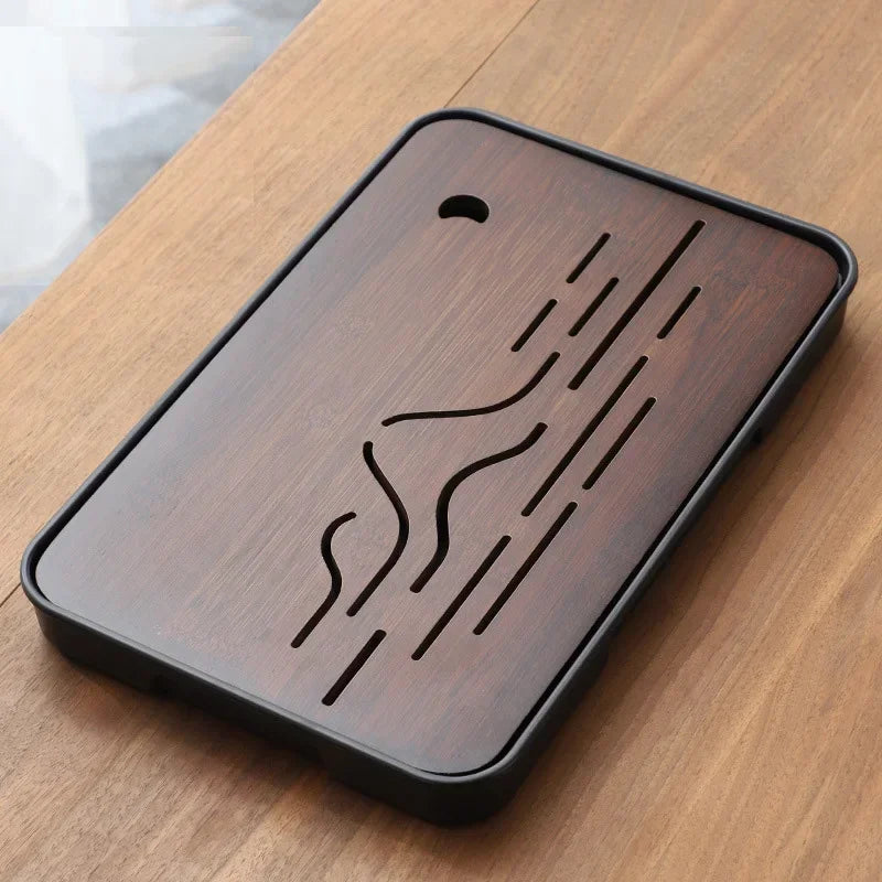Square Bamboo Tea Tray with Drainage — Elegant Kung Fu Tea Set Tablett for Adults, Simple Chaban Tray for Tea Parties