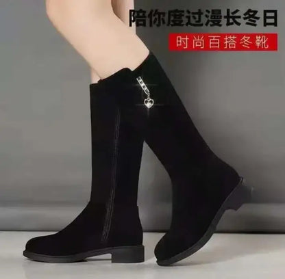 2025 Women’s Plush Snow Boots – Casual Flat Cotton Thigh-High Winter Shoes with Side Zipper