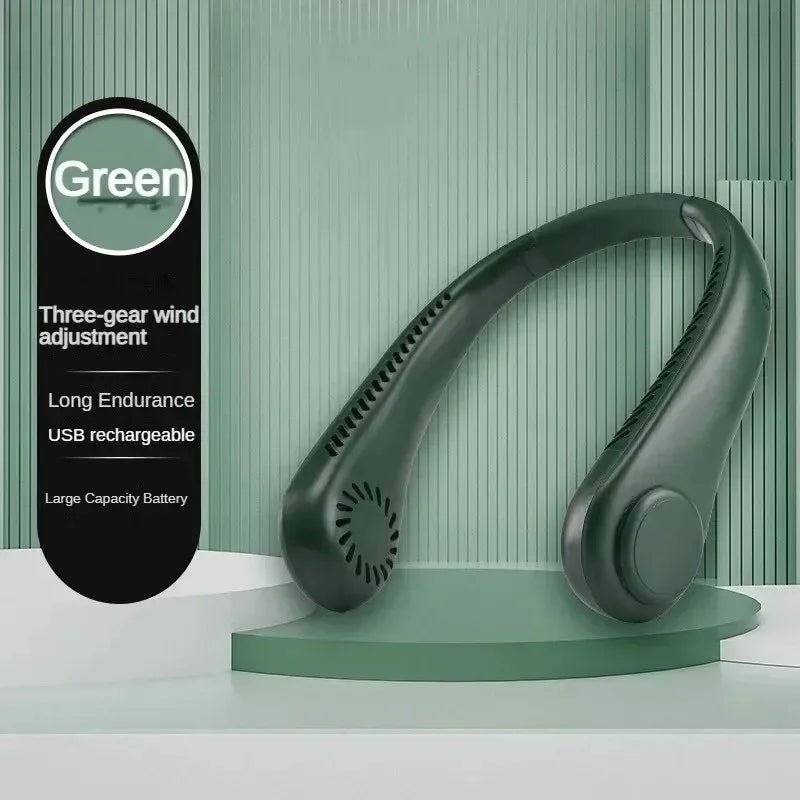 USB Rechargeable Hanging Neck Fan – Adjustable Mini Leafless Personal Cooler with Strong Airflow for Outdoor Use