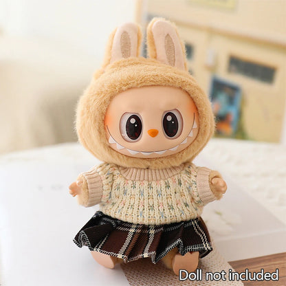 Mini Doll Clothes & Accessories — 15–17cm Labubu & 10cm Cotton Doll Outfit, Pink Hoodie & Yarn Skirt (No Doll)