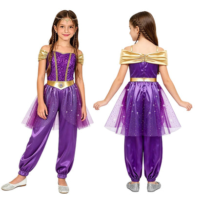 Girls Arabian Princess Costume - Metallic Sequin Bodice Tulle Satin Jumpsuit for Halloween, Carnival & Dance Performances