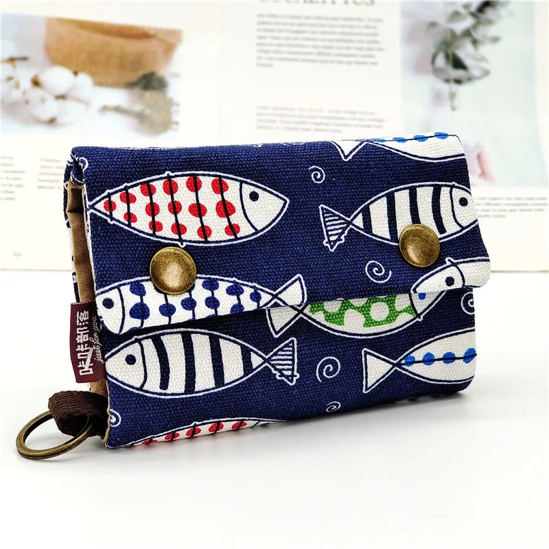 Handmade Three-Fold Fabric Wallet — Short Zipper Purse for Women & Men, Multi-Function Card & Key Holder for Teens