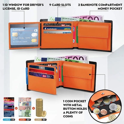 Men’s Slim RFID Blocking Genuine Leather Wallet — Coin Pocket, 2 Banknote Compartments & 10 Credit Card Slots