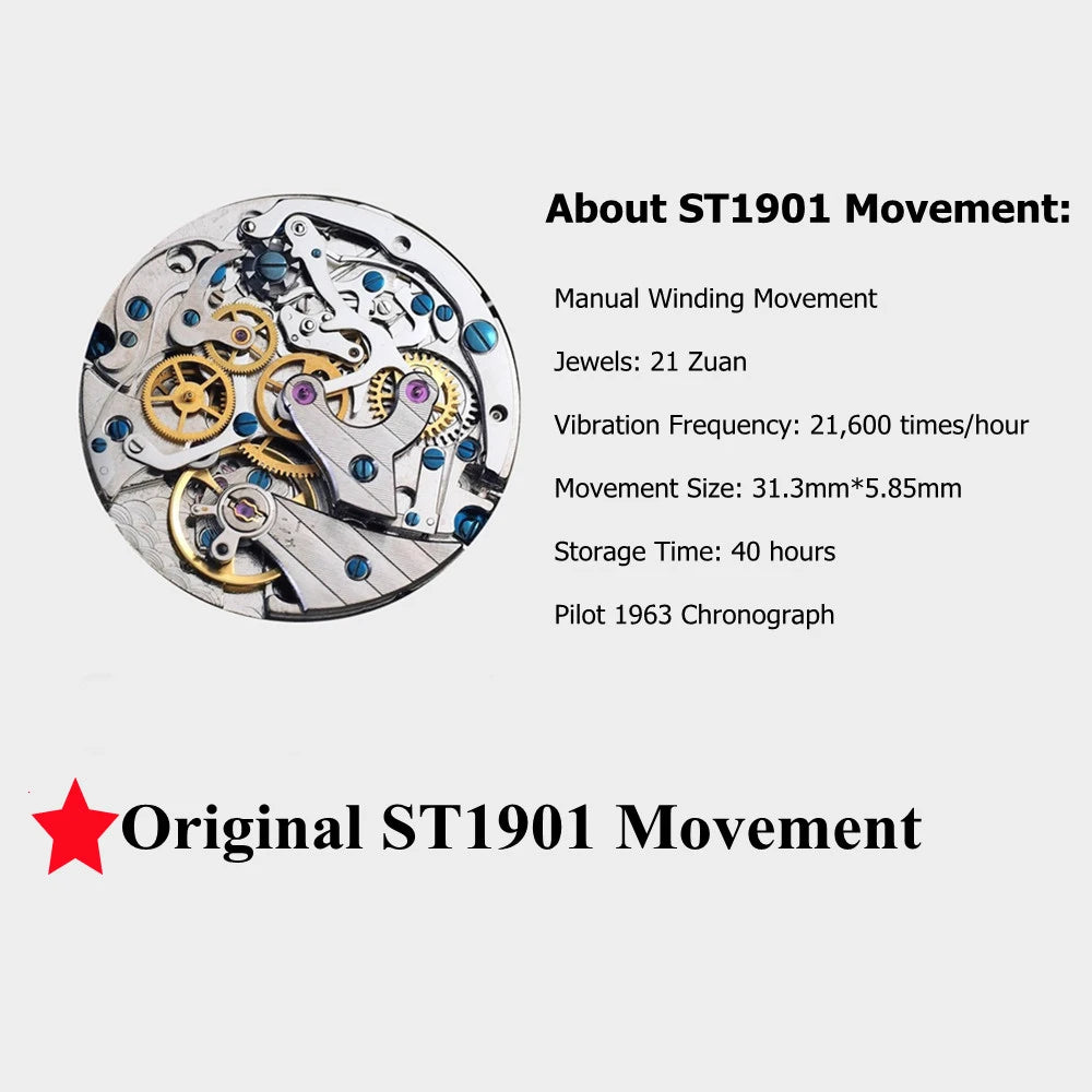 RED STAR 1963 Men's Chronograph Watch - 38mm Pilot Design with Seagull ST1901 Movement & Sapphire Glass