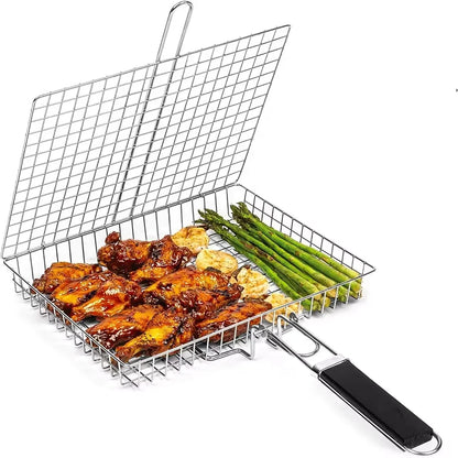 Large Stainless Steel Grill Basket – Folding BBQ Rack for Fish, Portable Outdoor Camping & Cooking Accessories