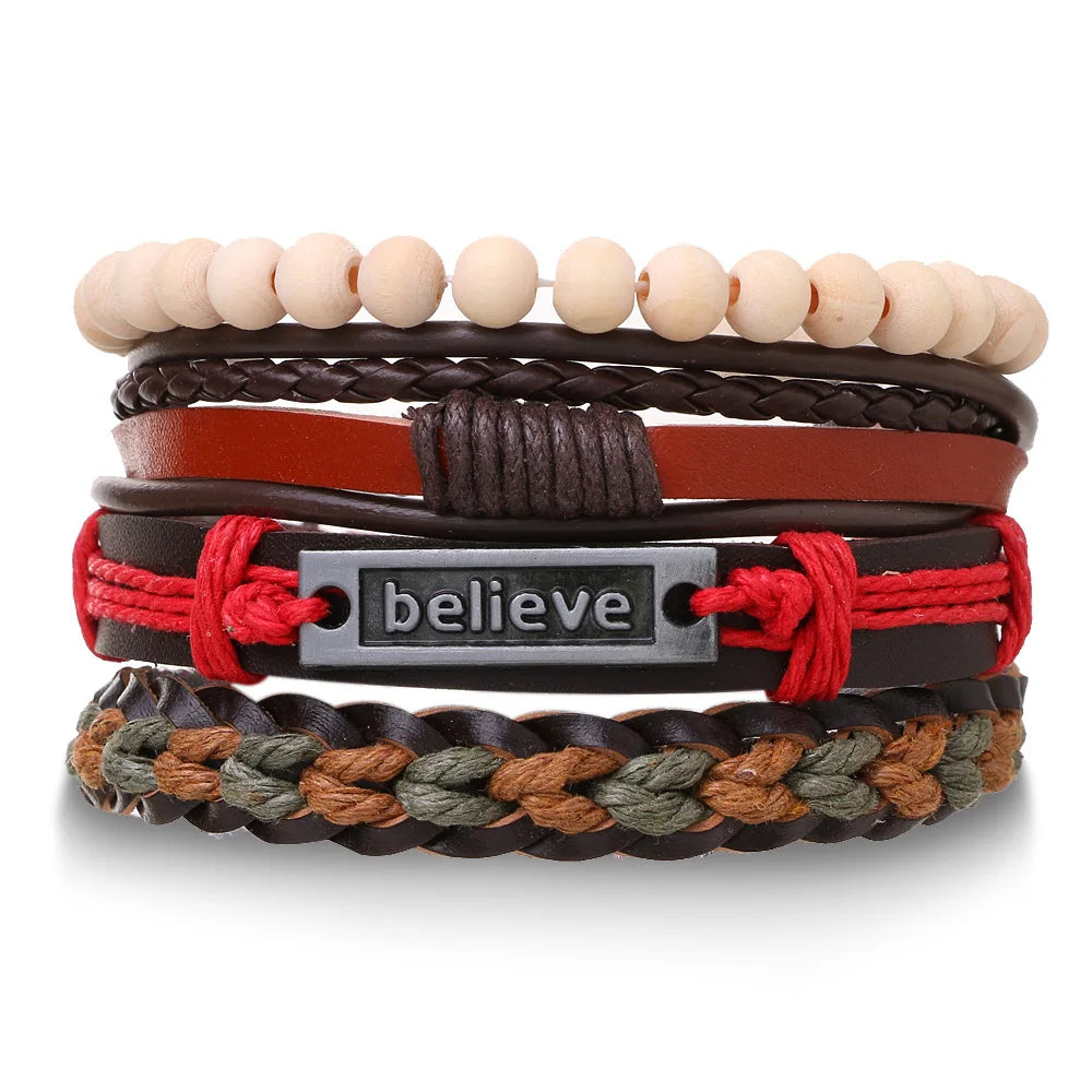4Pcs Men's Braided Leather Bracelets Set – Vintage Life Tree & Rudder Charms, Wood Beads, Ethnic Tribal Wristbands