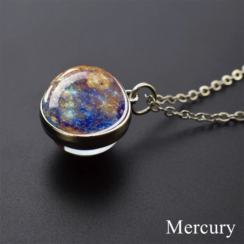 Solar System Planet Glass Ball Necklace – Moon, Earth, Jupiter & More Space-Themed Pendant for Women Fashion Gift