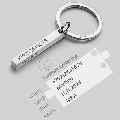 Personalized 3D Bar Keychain - Stainless Steel Engraved Name, Date or Logo Key Ring Gift P039