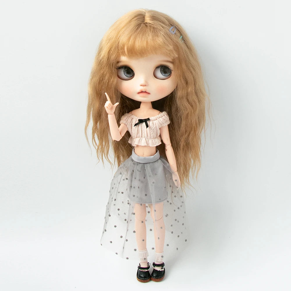 Blythe Doll Clothes Plaid Pleated Skirt & Off-Shoulder Top Tulle Dress Set — Ruffle Skirt for Licca, Azone, OB22, YMY Doll Accessories