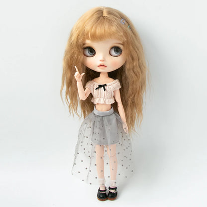 Blythe Doll Clothes Plaid Pleated Skirt & Off-Shoulder Top Tulle Dress Set — Ruffle Skirt for Licca, Azone, OB22, YMY Doll Accessories