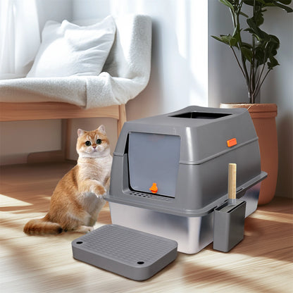 Extra Large Enclosed Stainless Steel Cat Litter Box with Lid – High Wall Metal Litter Pan for Big Cats