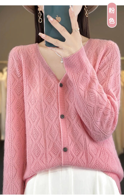 Women's 100% Wool Cashmere Cardigan – V-Neck, Super Soft, Loose Fit, Long Sleeve Knit Sweater