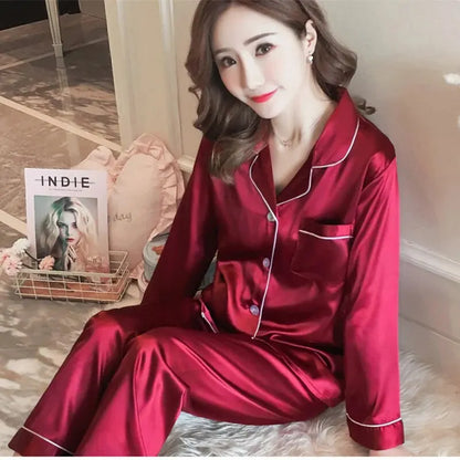 2024 Women's Silk Pajama Set – Sexy Long-Sleeve Cardigan Sleepwear, Ice Silk Pijamas for Home Comfort