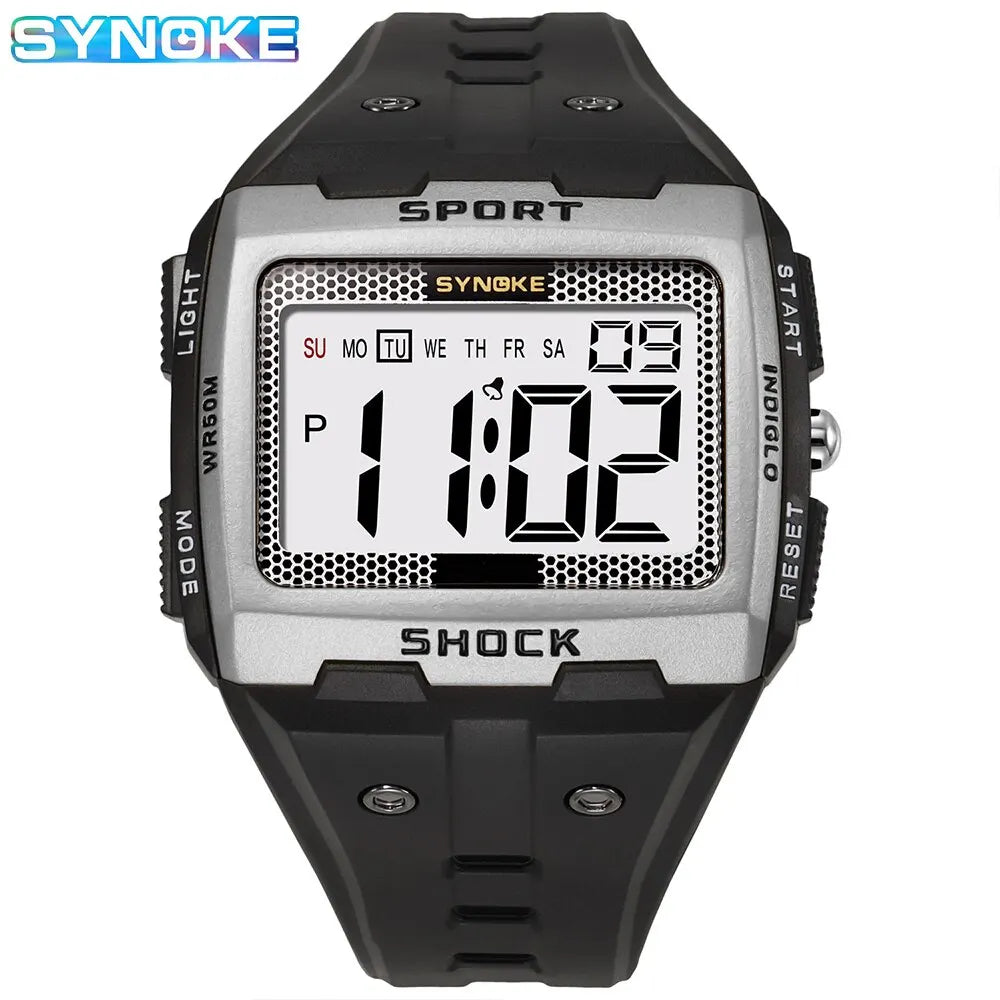 SYNOKE Men’s Sports Electronic Watch – Waterproof Night Glow Large Screen Square Outdoor Running & Camping Watch