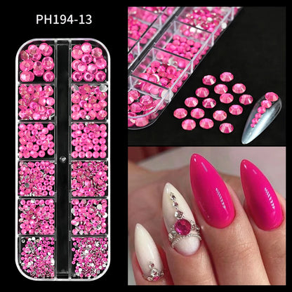 12-Grid Mixed Nail Rhinestones SS6-SS30 – Shiny Flat-Back Gems in Clear, Gold, Pink & Blue for Nail Art Decoration