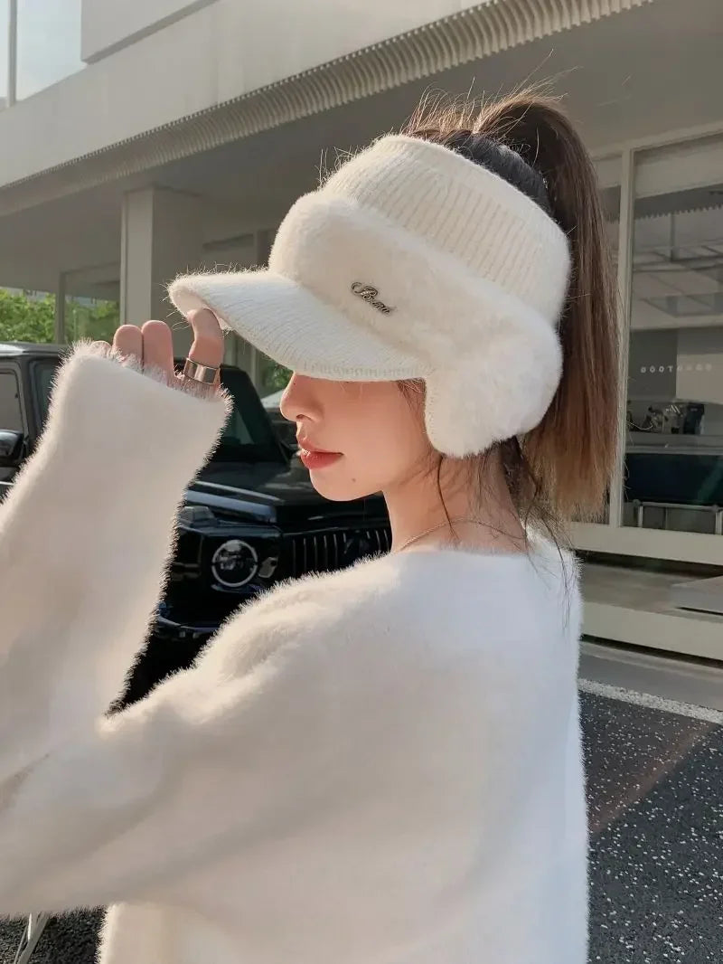 Winter Hats for Women 2023 – Fashionable Knitted Earflap Baseball Cap, Windproof Ponytail Visor for Outdoor Sports
