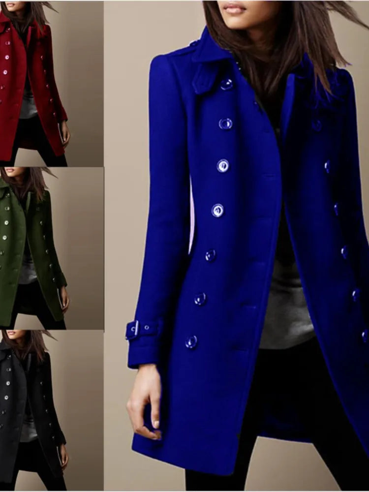 Winter Ladies Woolen Jacket – Double-Breasted Flap Lapel, Slim Fit, Elegant Solid Top Coat, Lined Women’s Outerwear 2024