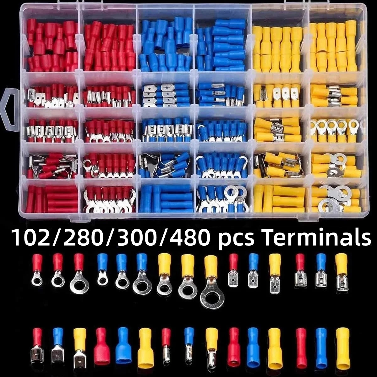 102/280/300/480PCS Assorted Wire Connector Kit – Insulated Male & Female Spade Crimp Terminals for Electrical Wiring Repairs