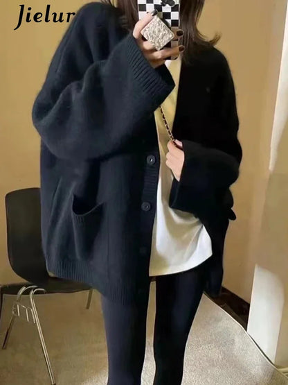 Korean Black V-Neck Knitted Cardigan – Single-Breasted Long Sleeve Loose Casual Women’s Sweater