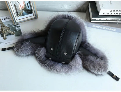 Natural Raccoon & Fox Fur Russian Ushanka Hat – Women’s Black Winter Bomber Cap with Ear Flaps