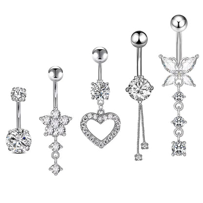 5PCS Belly Button Rings Set – 14G Butterfly & Heart Curved Navel Piercings for Women & Girls Body Jewelry