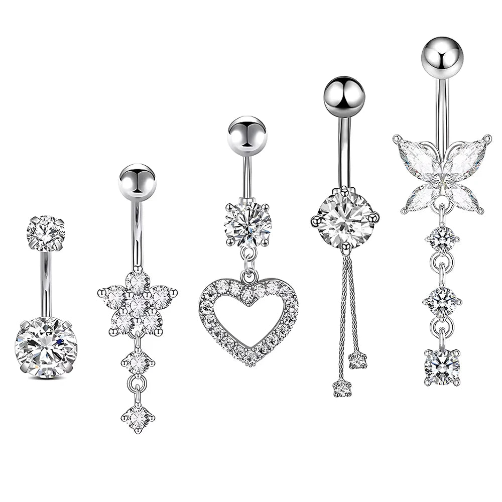 5PCS Belly Button Ring Set – 14G Curved Navel Piercing with Butterfly & Heart Charms, Body Jewelry for Women & Girls