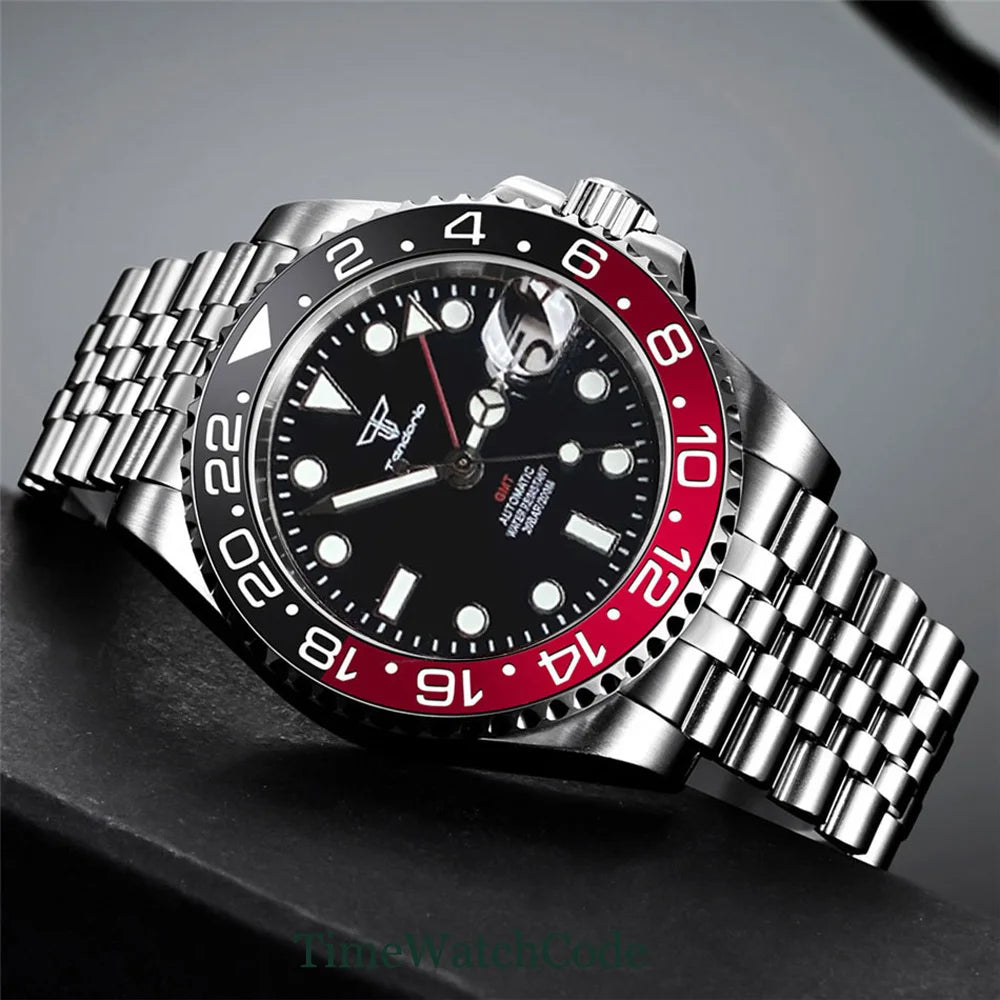 Tandorio 40mm Men’s Automatic Watch – NH34A Movement, GMT Function, Luminous Black Dial, Sapphire Crystal, Auto Date & Rotating Bezel