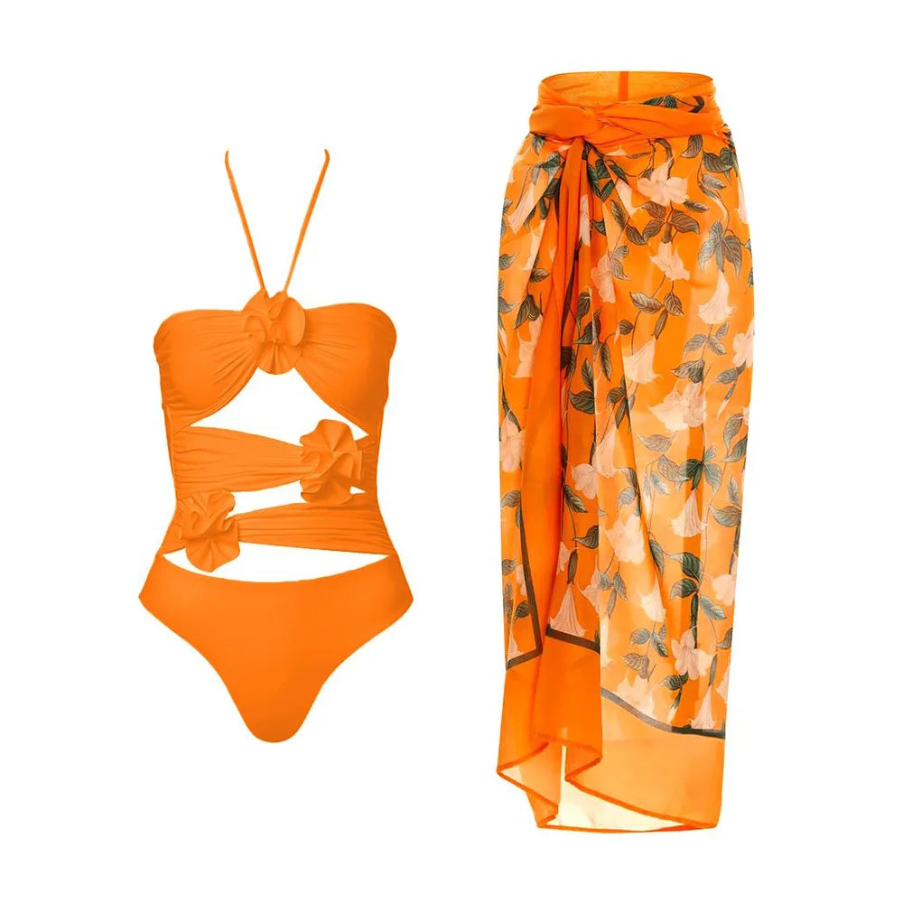 Blue One-Shoulder Ruffle Floral Monokini Swimsuit with Cover Up Sexy One Piece Beach Swimwear for Women Summer