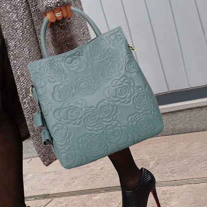 Classic Embossed Women’s Leather Bag — Large Capacity Top Cowhide Crossbody Purse