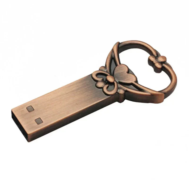 JASTER Copper Heart-Shaped Key USB Flash Drive – Metal Pendrive Memory Stick 4GB/16GB/32GB/64GB, Perfect Wedding Gift
