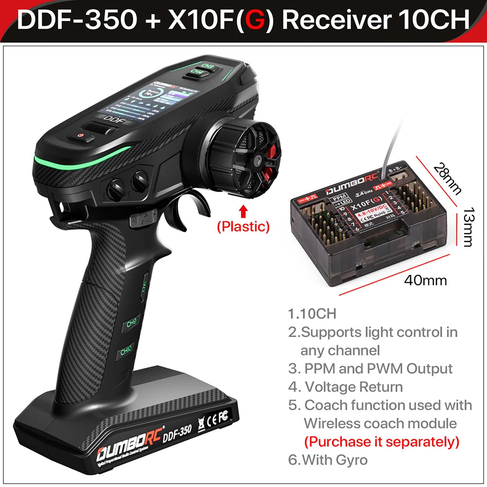 DUMBORC 2.4G 10CH Digital Radio Remote Controller – DDF-350 Transmitter with Receiver for RC Car, Boat, Tank, LCD FHSS System