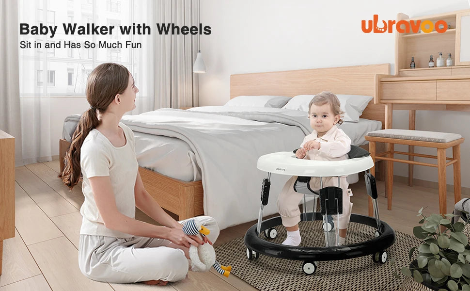 UBRAVOO Adjustable Baby Walker – Round Folding Toddler Walker with Universal Wheels, 9 Height Settings for Ages 6-18 Months, Model ZM01