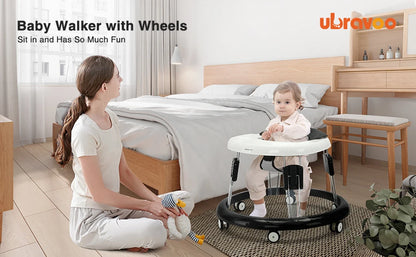 UBRAVOO Adjustable Baby Walker – Round Folding Toddler Walker with Universal Wheels, 9 Height Settings for Ages 6-18 Months, Model ZM01