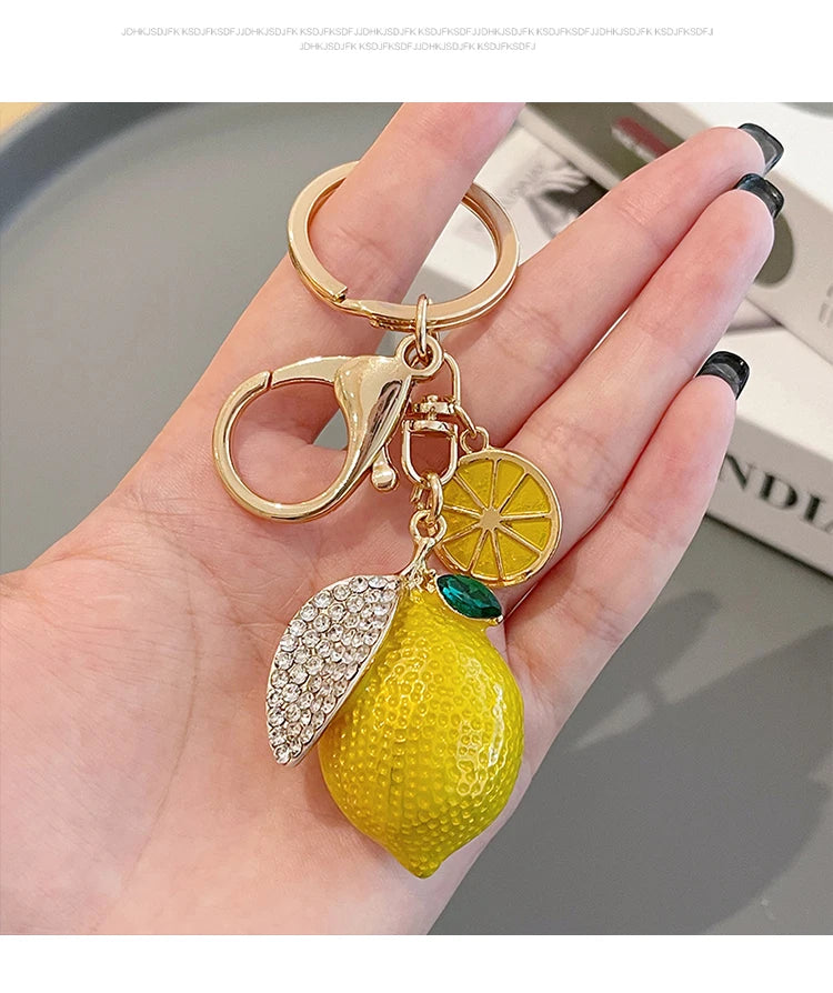 EASYA Vintage Imitation Fruit Charm Keychain – Lemon, Persimmon & Strawberry Glass Pendant, Luxury Jewelry for Women