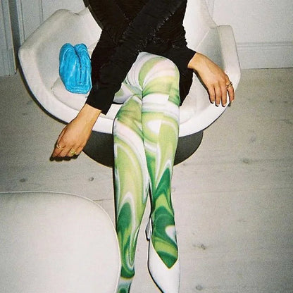 Women’s Patterned Pantyhose – Y2K Tie-Dye Sheer Tights with Hollow Mesh, Funky Grunge Streetwear Leggings