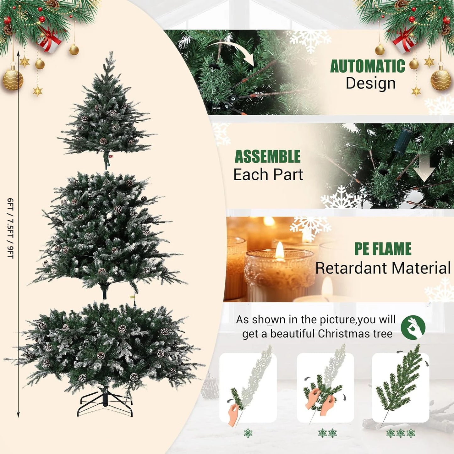Pre-Lit Snow Flocked Christmas Tree with LED Lights & Pine Cones — 6ft, 7.5ft, 9ft Artificial Holiday Tree for Home Decor