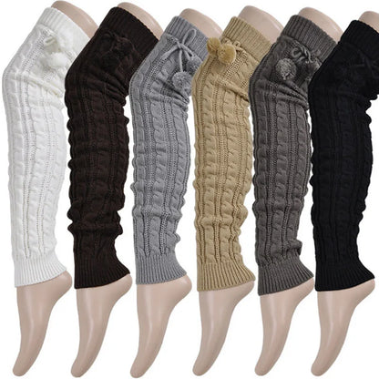 Women’s Winter Knitted Leg Warmers - Cozy Crochet Boot Socks with Hairball Fashion Style