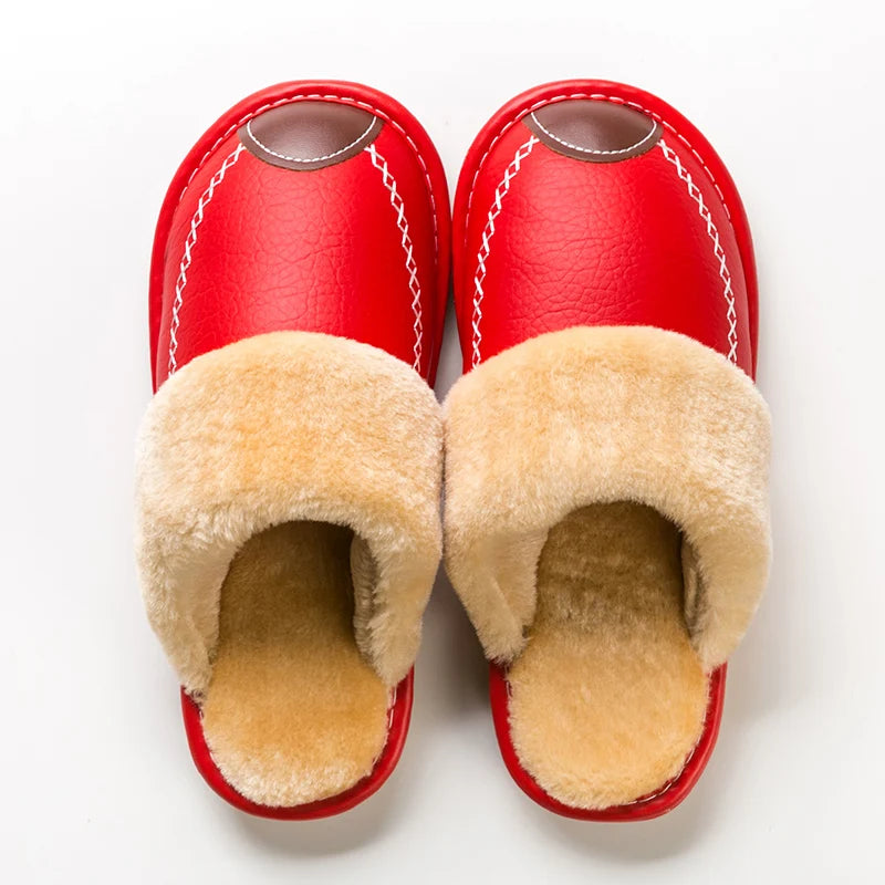 Men’s Winter Leather Slippers — Waterproof, Thick Velvet Cotton Indoor Home Shoes, Warm Bedroom Footwear