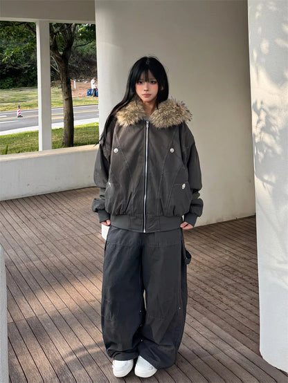 ZAROY Y2K Fur Collar Hooded Parka – Thick Padded Gothic Winter Jacket Streetwear for Men & Women