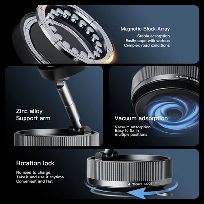 Vacuum Suction Magnetic Phone Holder – 360° Rotating Hands-Free Foldable Car & Smooth Surface Mount