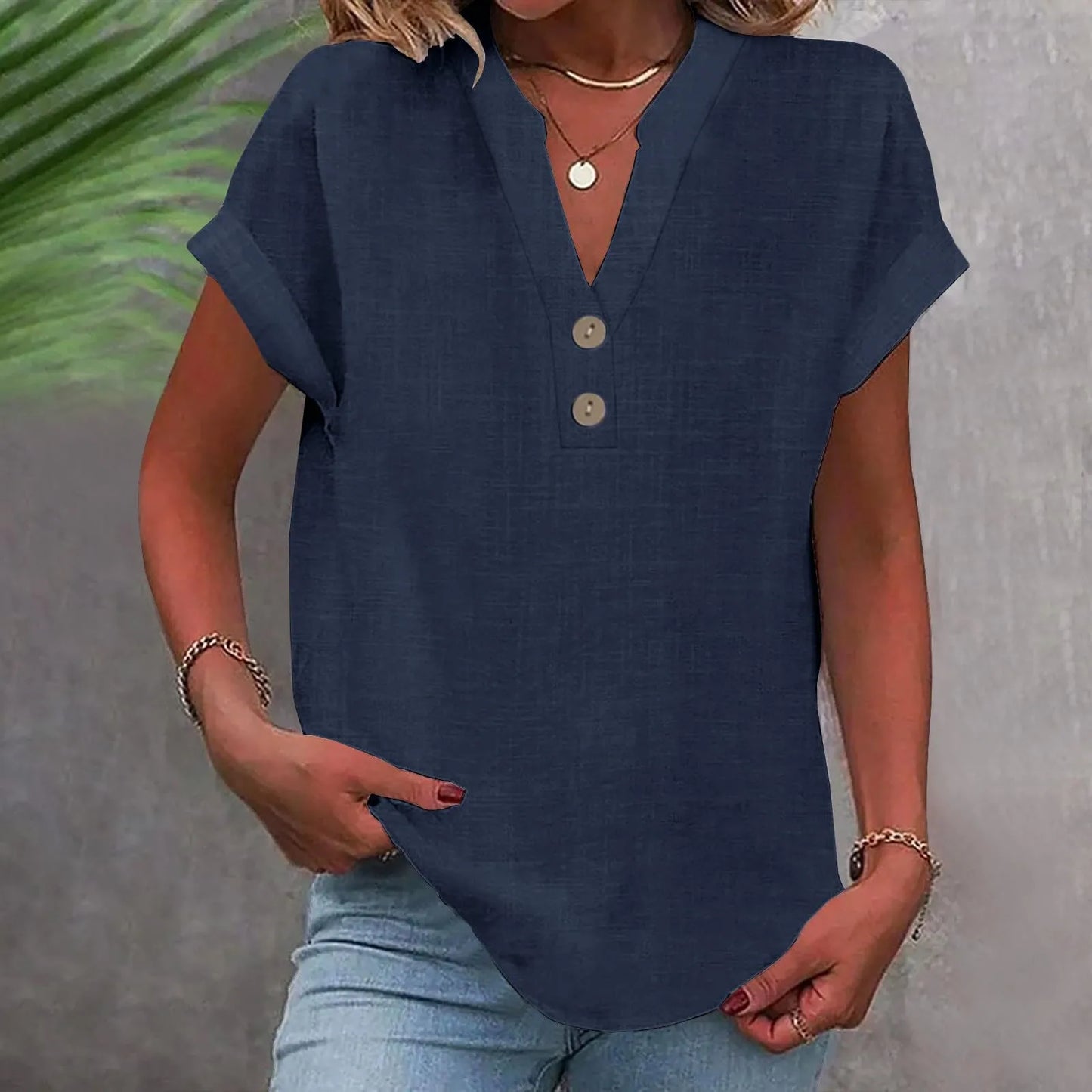 Women’s Summer Cotton Linen V-Neck Button Down Shirt – Breathable Casual Office Top in Solid Colors