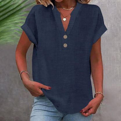 Women’s Cotton Linen Button-Down V-Neck Shirt – Breathable Solid Color Summer Office Casual Top 2025
