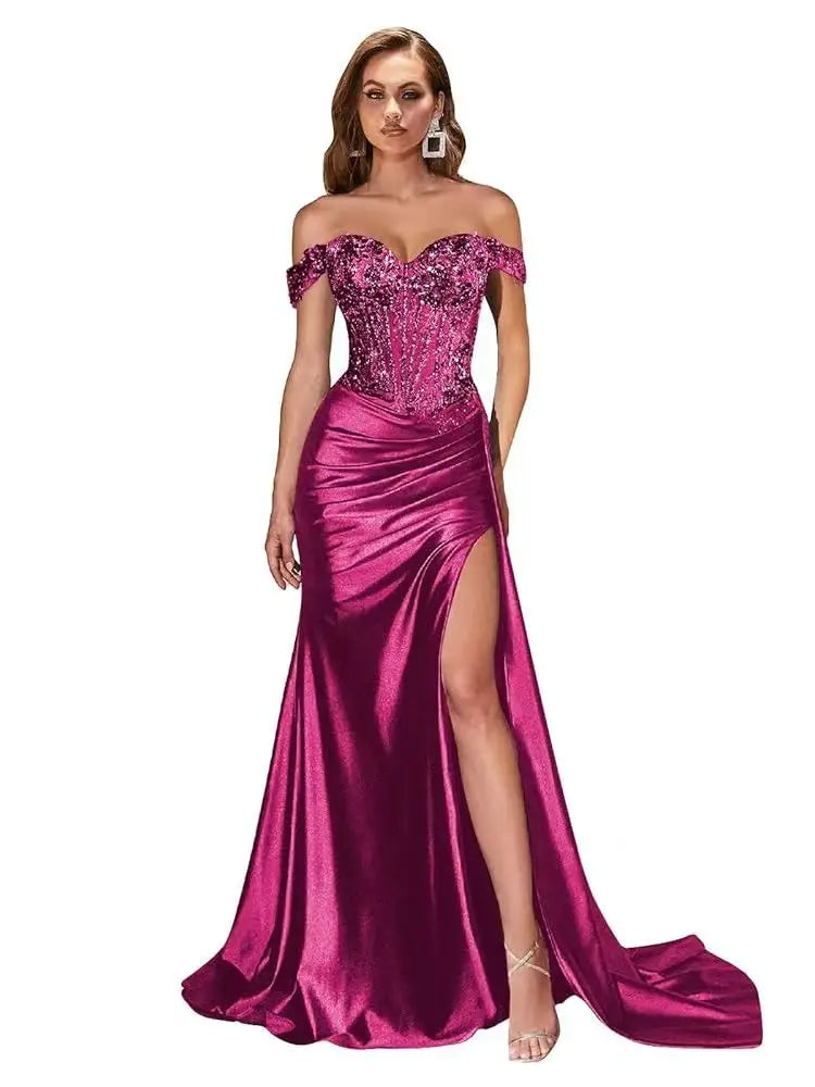 Dark Navy Off-Shoulder Prom Dress – Sweetheart Beaded Lace Evening Gown with High Side Slit, 2025 Custom