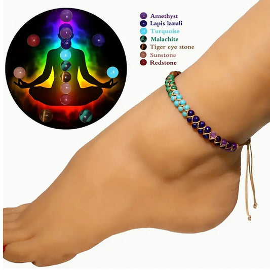 Women's Double Layer Boho Anklet - 7 Chakra Turquoise Beaded Beach Jewelry