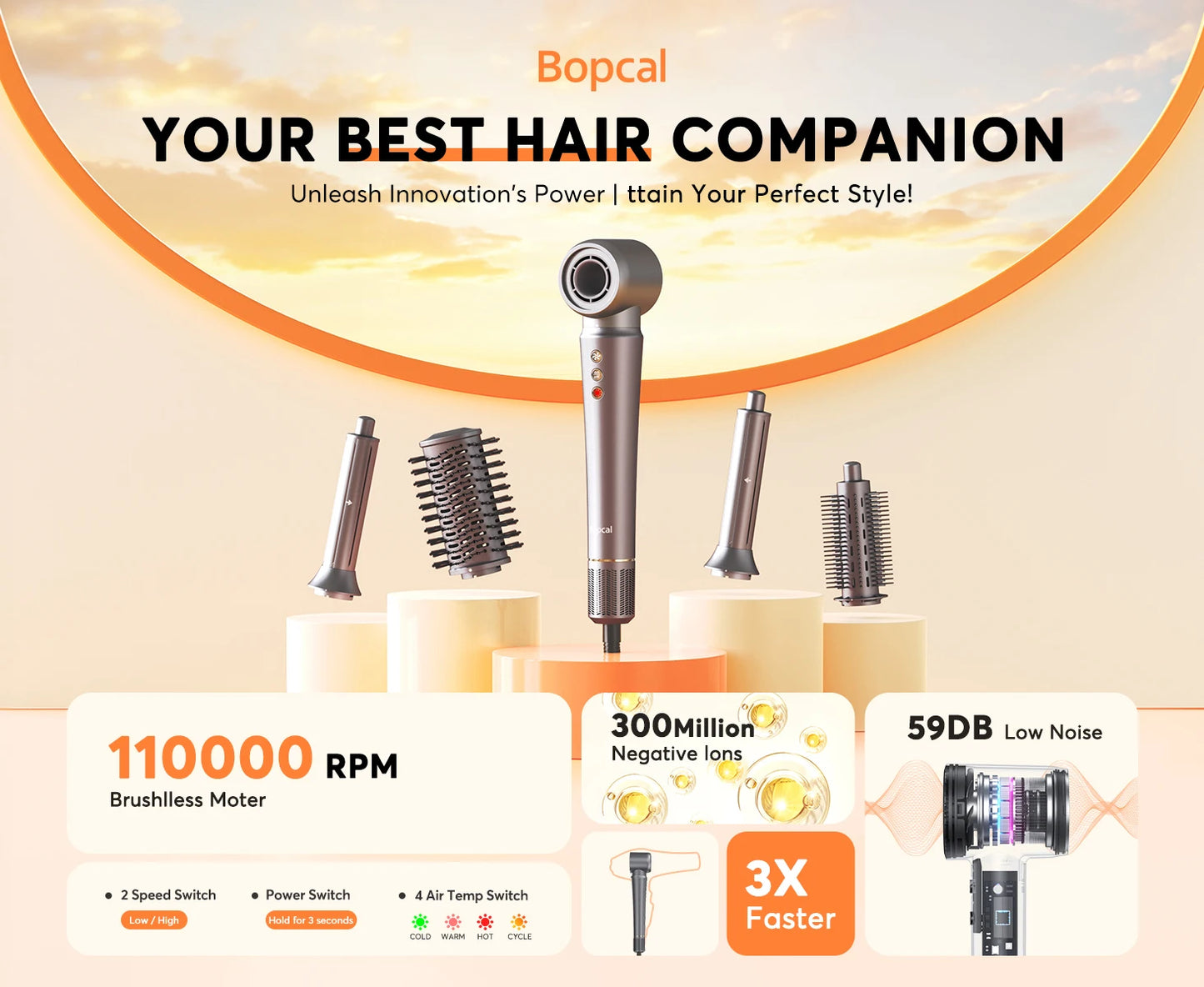 Bopcal 5-in-1 Hair Dryer & Hot Air Comb – 1200W High-Speed Blower with Curling Iron & Multifunction Styling Tools
